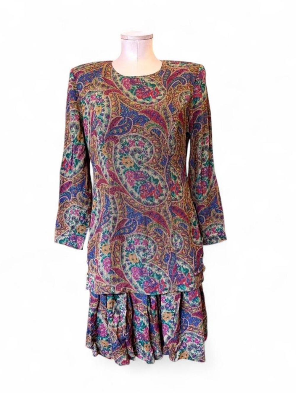 90s Jessica Howard Multicolor Paisley Long-Sleeve Drop-Waist Dress